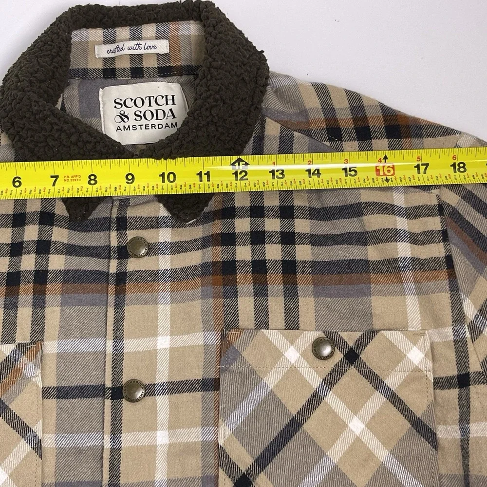 Scotch & Soda Men's Small Tan Brown Mocha Sherpa Lined Plaid Flannel Jacket